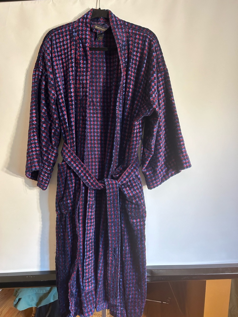 BARRINGTON VINTAGE TERRY CLOTH BATHROBE HEAVY COTTON NAVY/RED KIMONO & BELT O/S